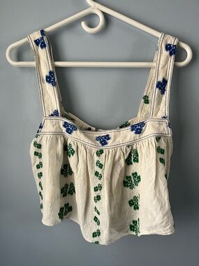 Zara Cropped Cream Tank Top Blue & Green Floral Relaxed Fit Size S